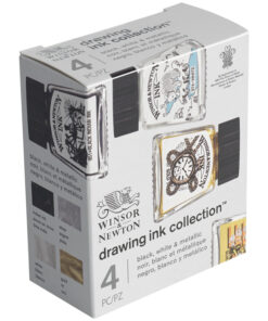 Набор туши художественной Winsor&Newton для рисования, 4цв. (черный, белый, золотой, серебрянный), 14мл, стекл. флакон, в картонной коробке